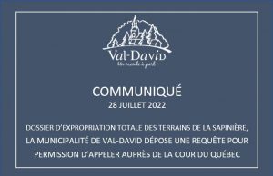 La Sapinière : la Municipalité de Val-David dépose une requête pour permission d’appeler auprès de la Cour du Québec